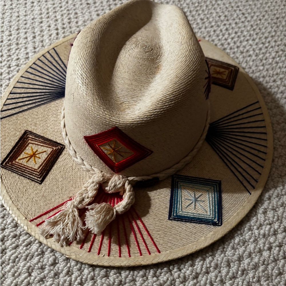 Embroidered Cream Hat with Multicolor Accents